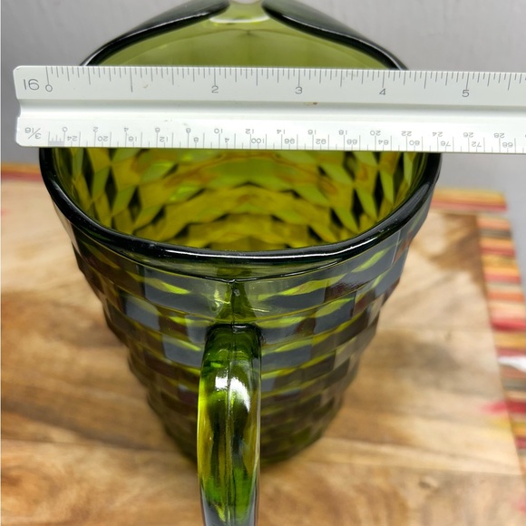 1960s Indiana Whitehall Glass Avocado Green Cubist Pattern Pitcher - Picture 2 of 9